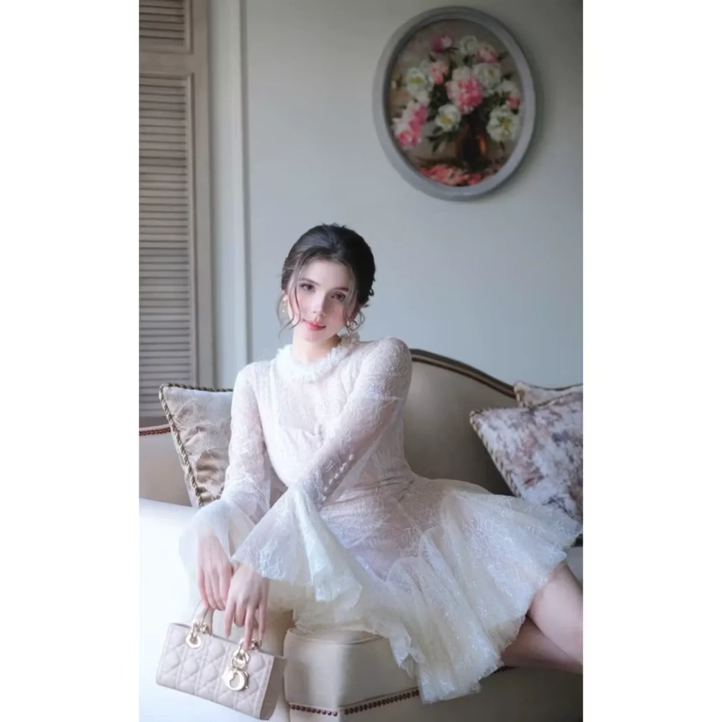 Lace Mini Dress - White/Pink image indicator(2)