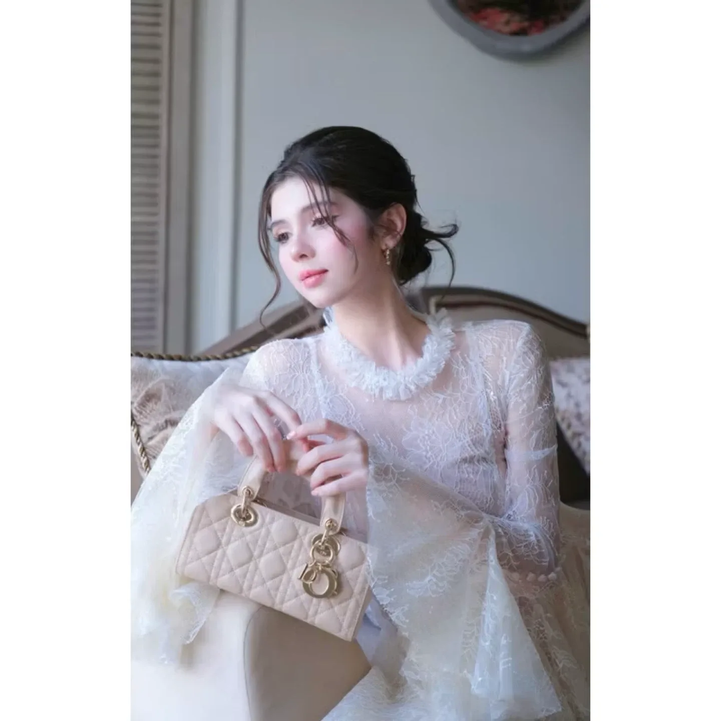 Lace Mini Dress - White/Pink image indicator(3)