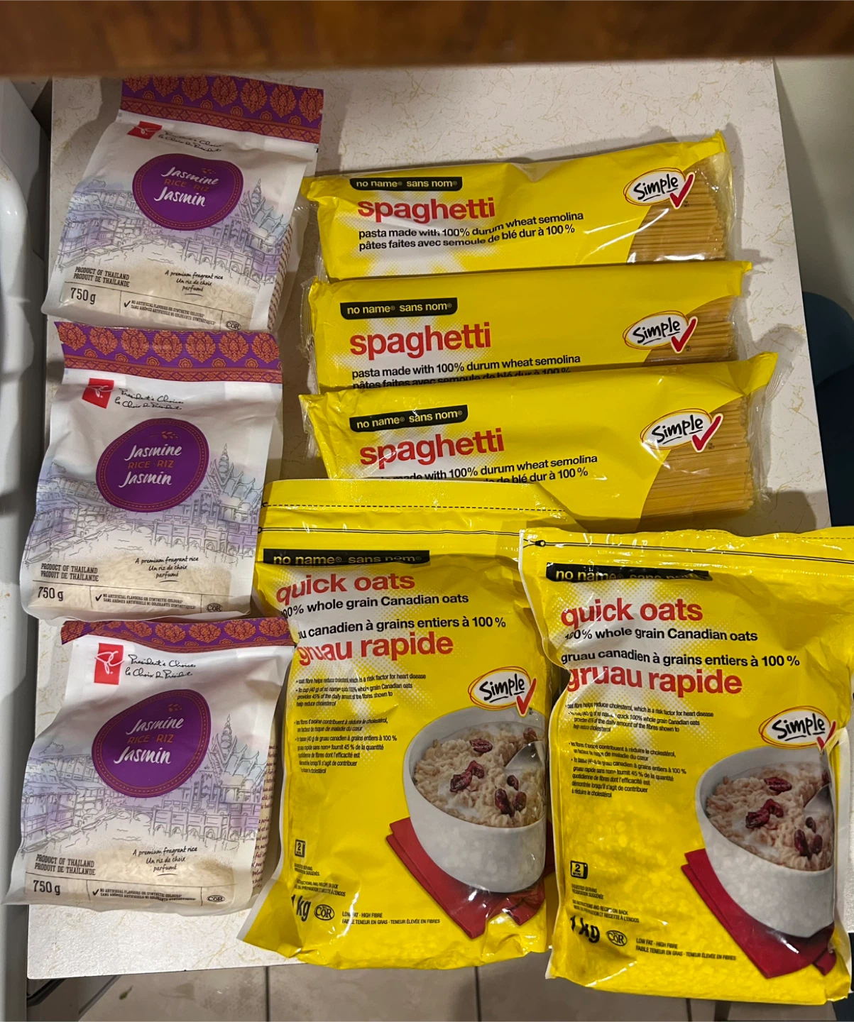 Spaghetti ,rice quick oats .