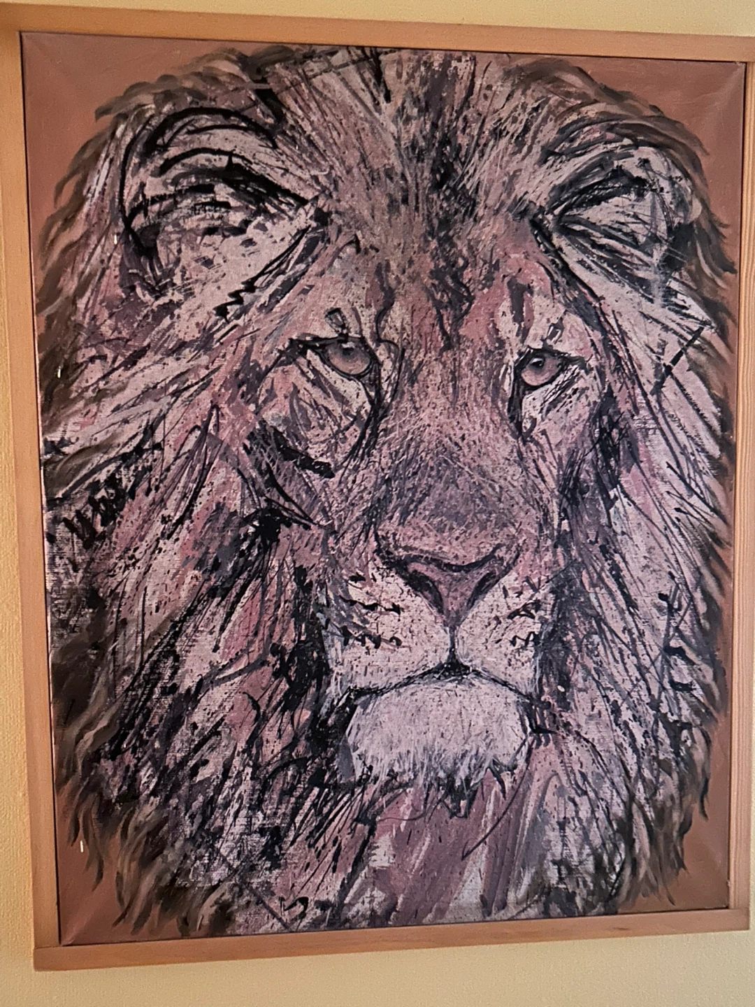Large oil painting on canvas of lion’s head. About 22”x30”