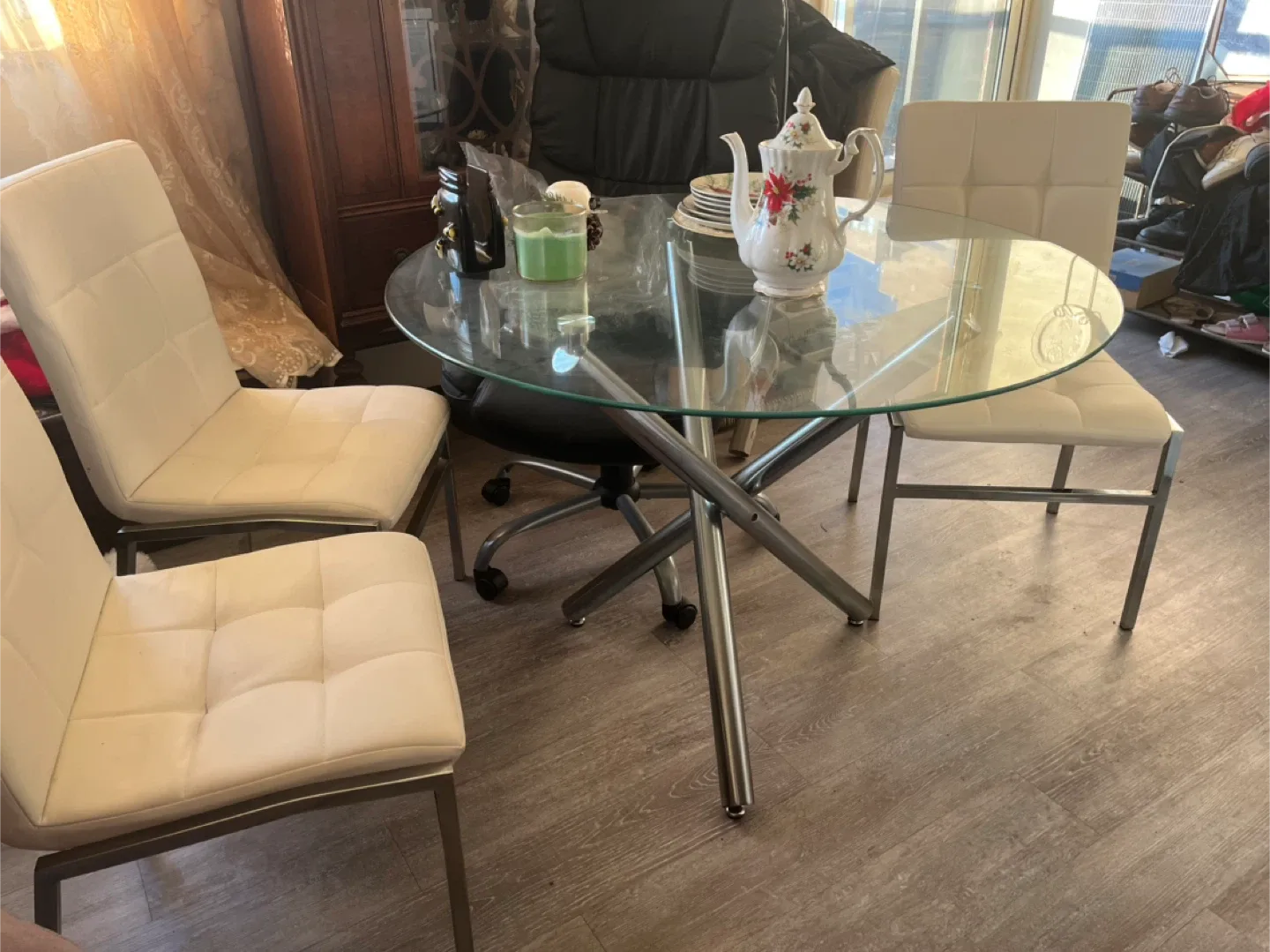 Glass Dining Table with 4 White Chairs
