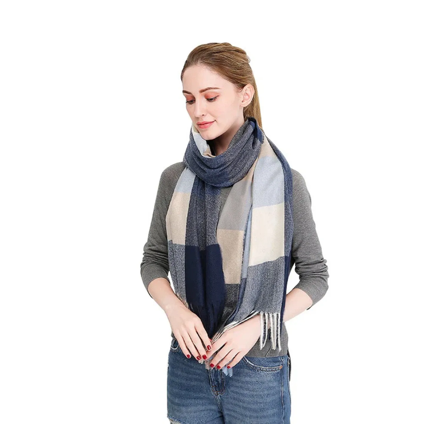 Plaid Scarf - Blue, Grey & Off-White