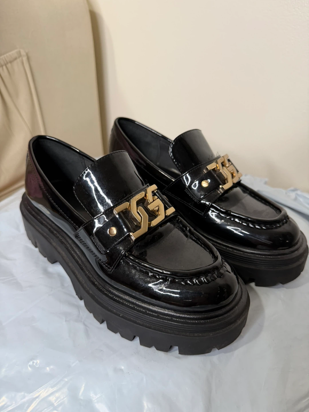 Guess Black Platform Loafers with Gold Chain Detail
