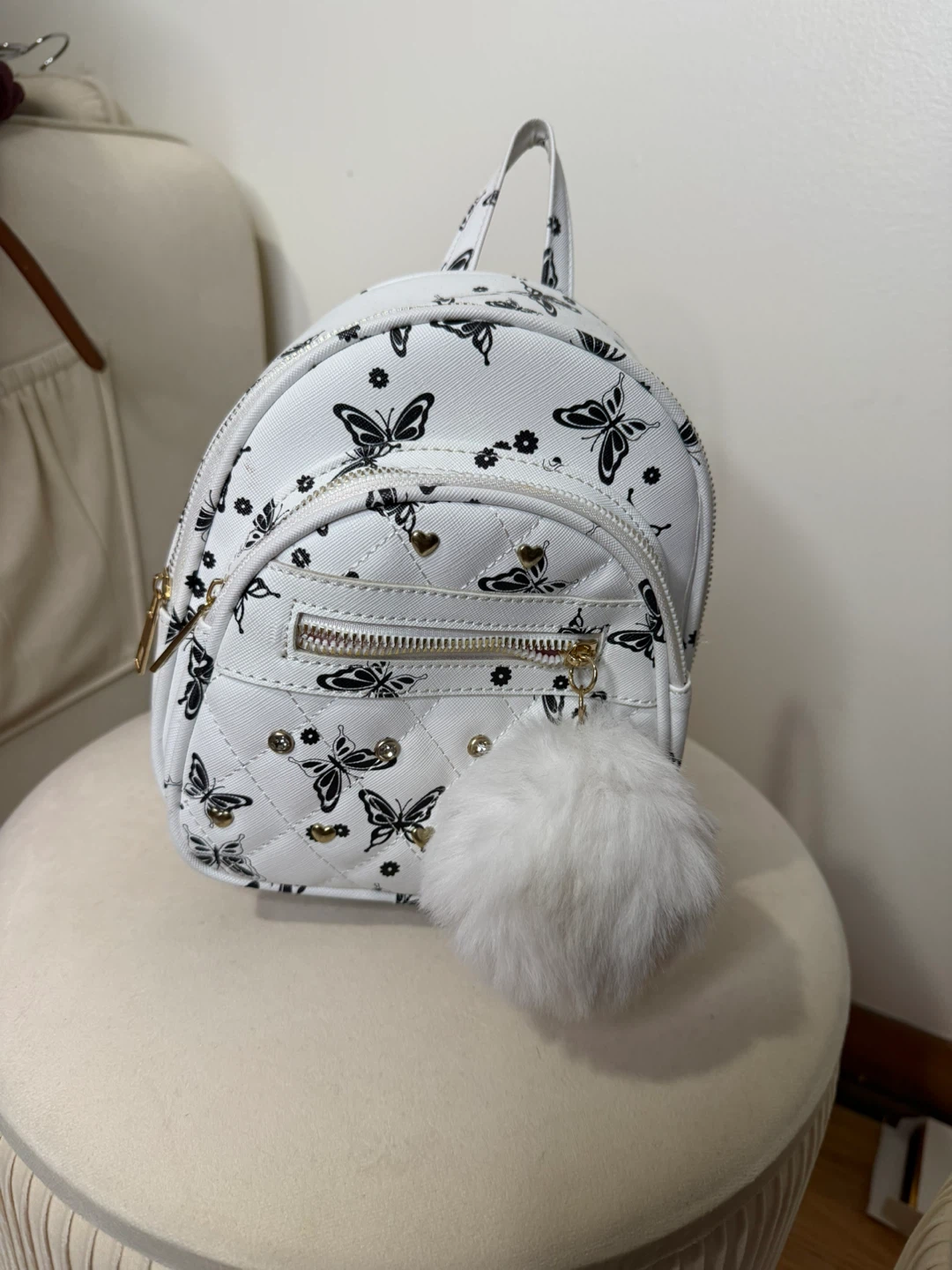 White Butterfly Print Mini Backpack