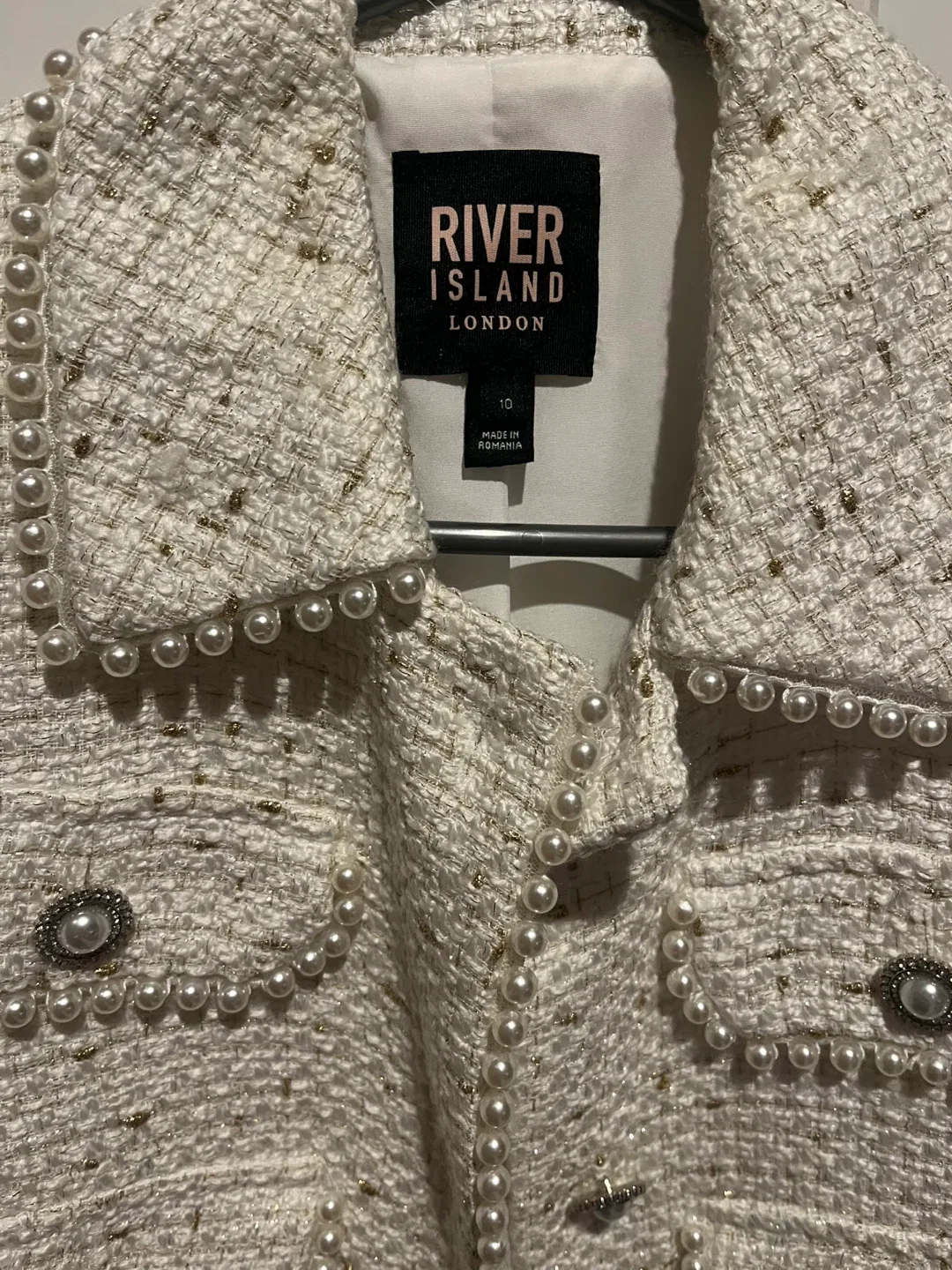 River Island London Ivory Tweed Pearl Jacket - Size 10 image indicator(2)
