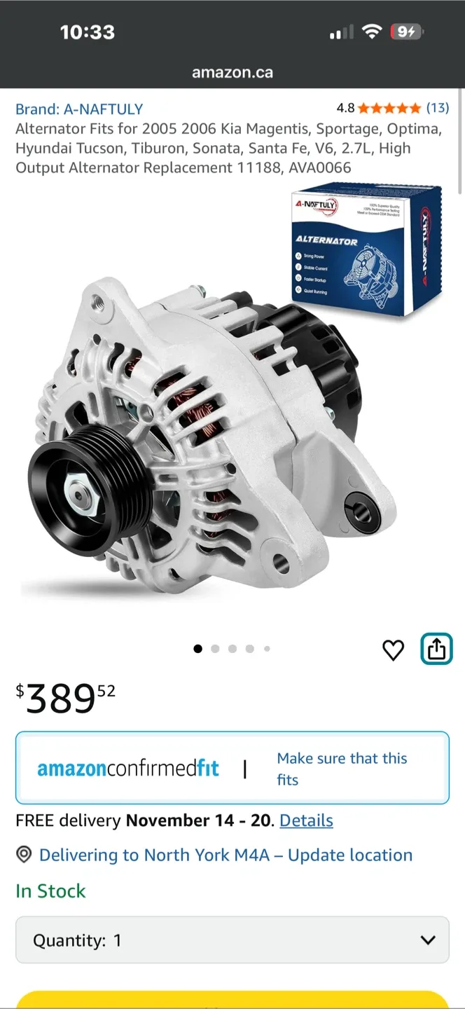 A-NAFTULY Alternator for Hyundai Kia Magentis-Tibiron-Sonata-NEW thumbnail