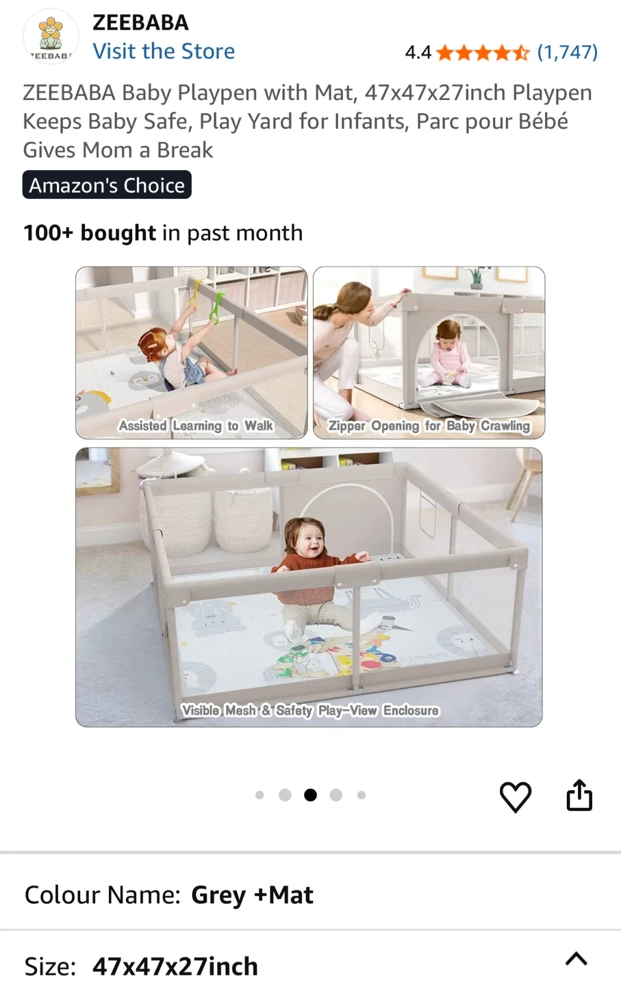 ZEEBABA Baby Playpen with Mat, Grey, 47x47x27 inch image indicator(5)