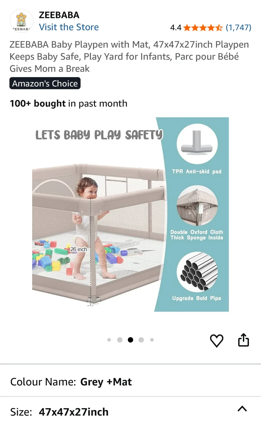 ZEEBABA Baby Playpen with Mat, Grey, 47x47x27 inch image indicator(4)