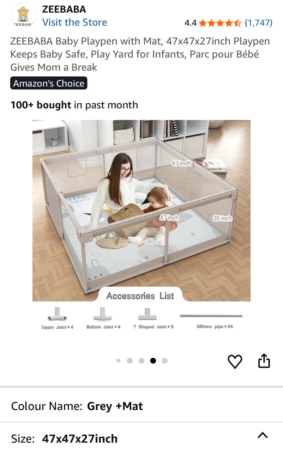 ZEEBABA Baby Playpen with Mat, Grey, 47x47x27 inch image indicator(6)