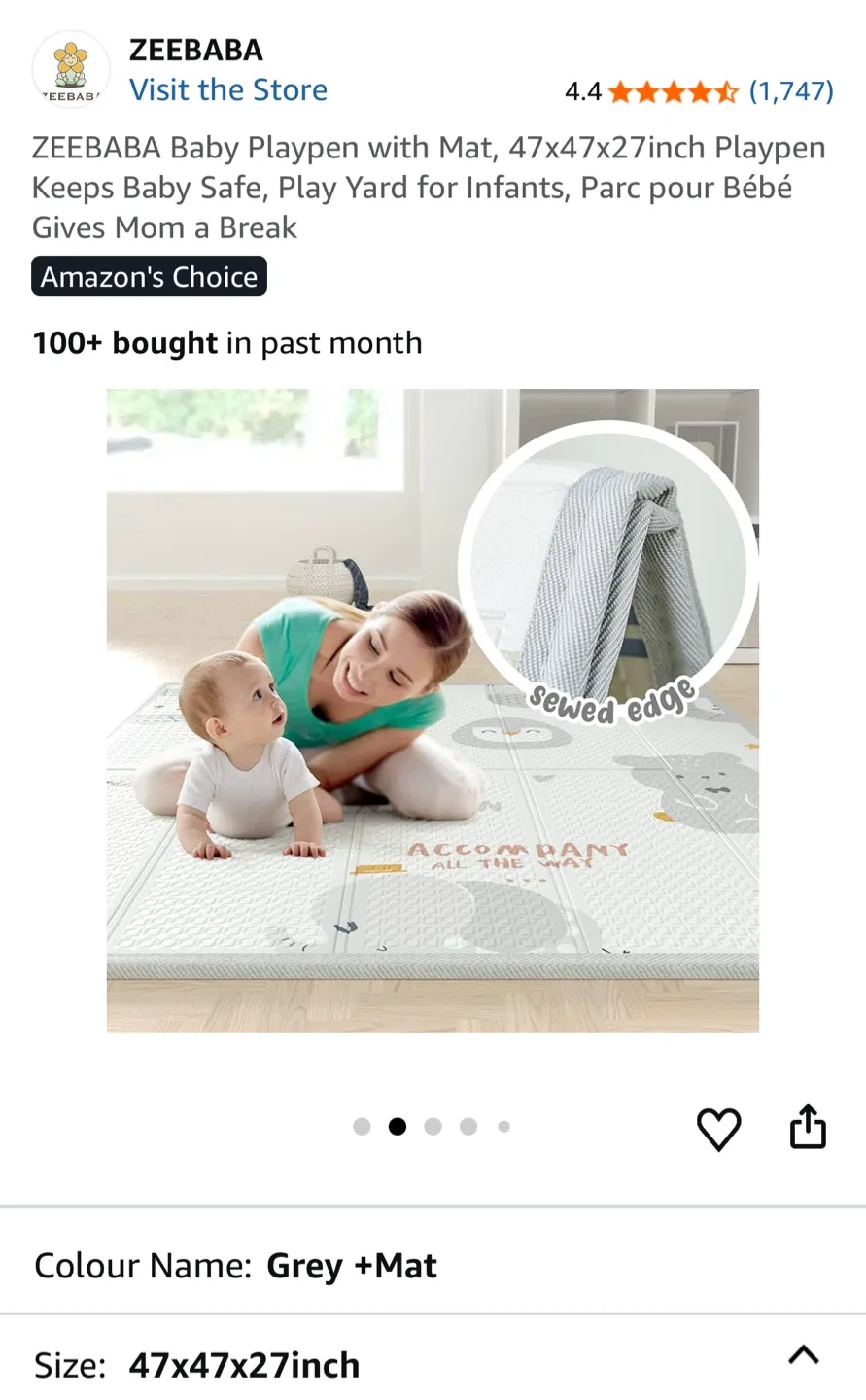 ZEEBABA Baby Playpen with Mat, Grey, 47x47x27 inch image indicator(2)