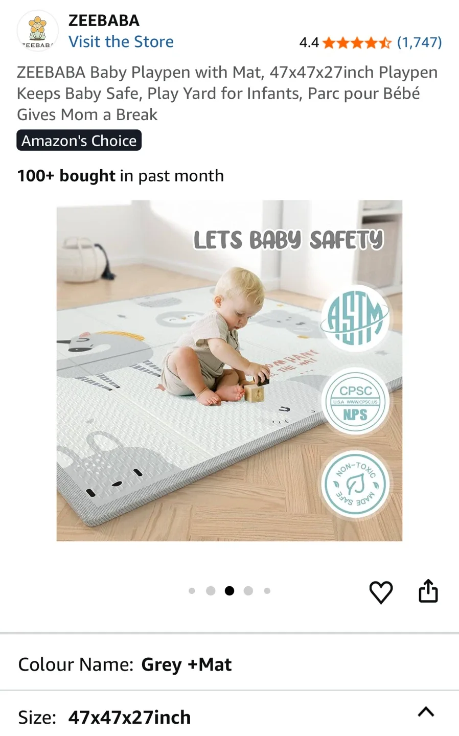 ZEEBABA Baby Playpen with Mat, Grey, 47x47x27 inch image indicator(3)