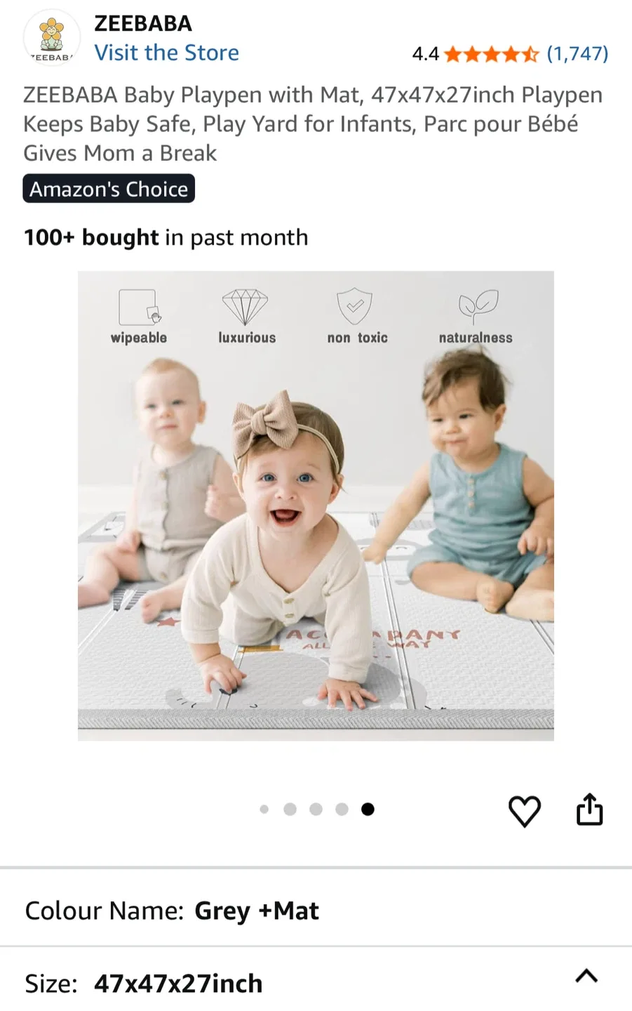 ZEEBABA Baby Playpen with Mat, Grey, 47x47x27 inch image indicator(7)