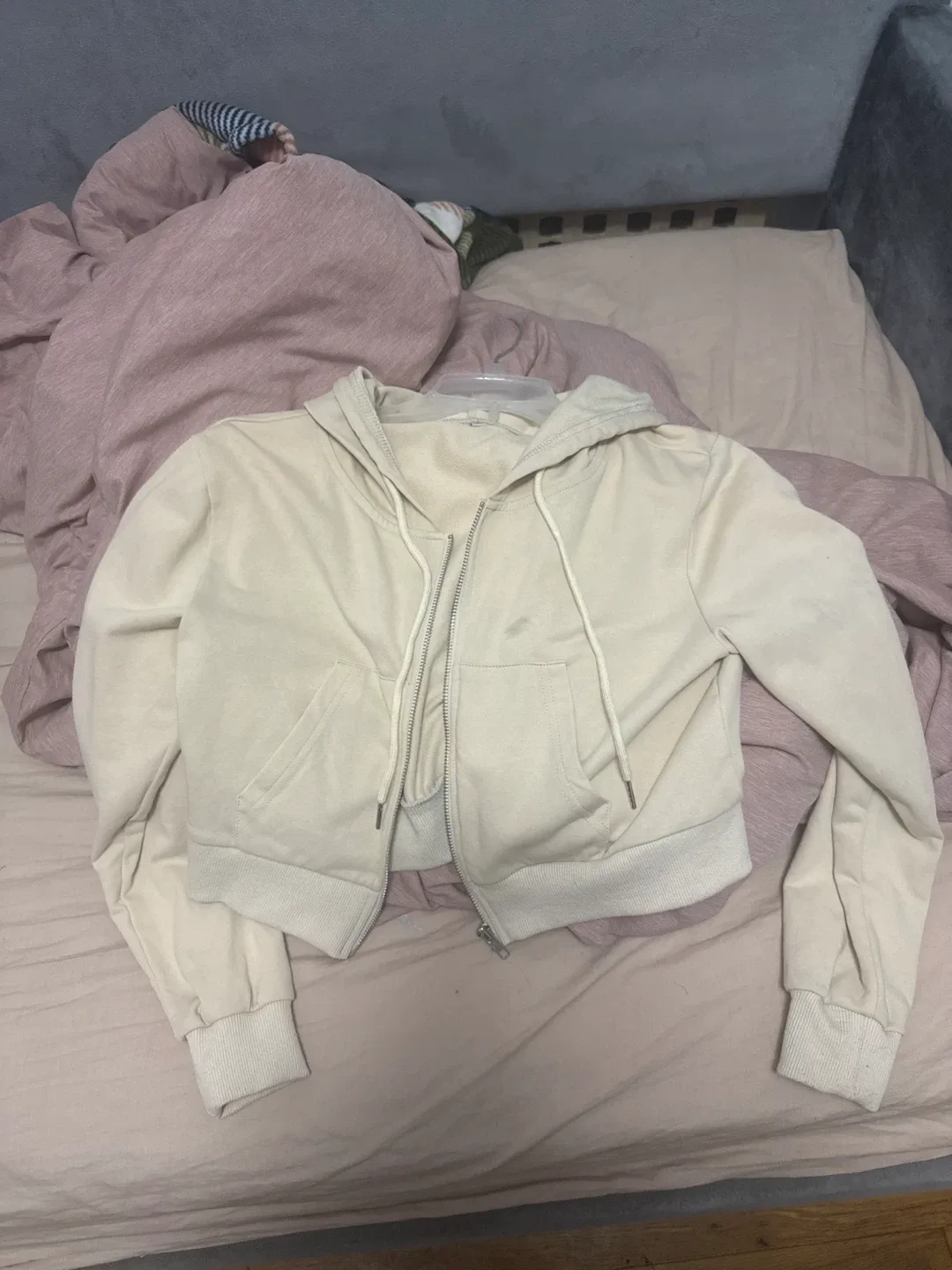 Beige Cropped Hoodie