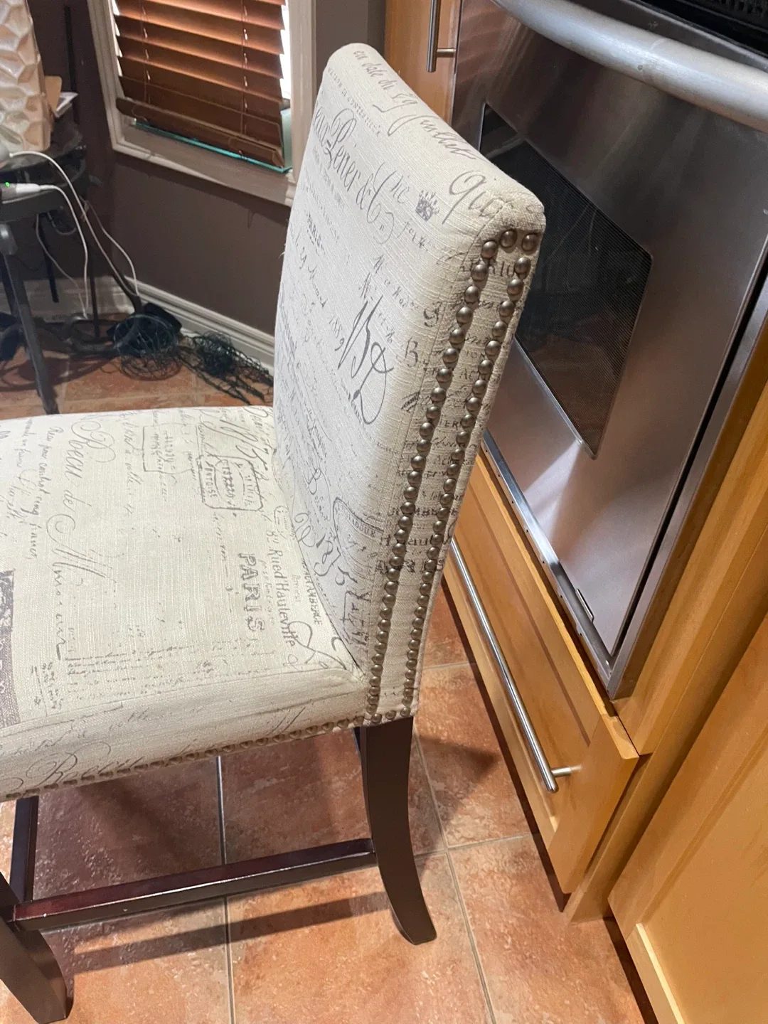 Upholstered Bar Stool with French Script image indicator(3)