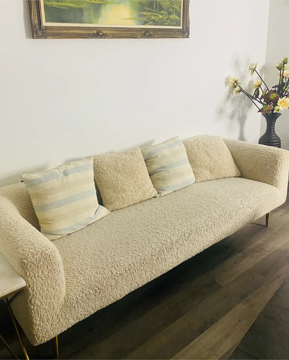 Beige Boucle Sofa with Pillows thumbnail