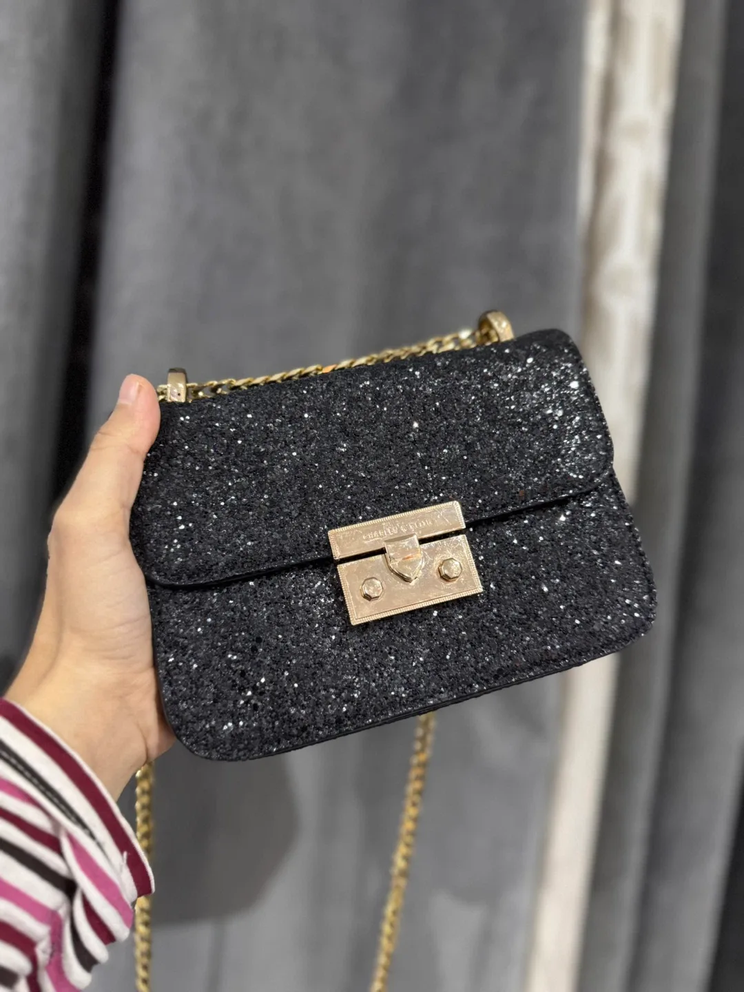 Charles & Keith Black Glitter Chain Bag