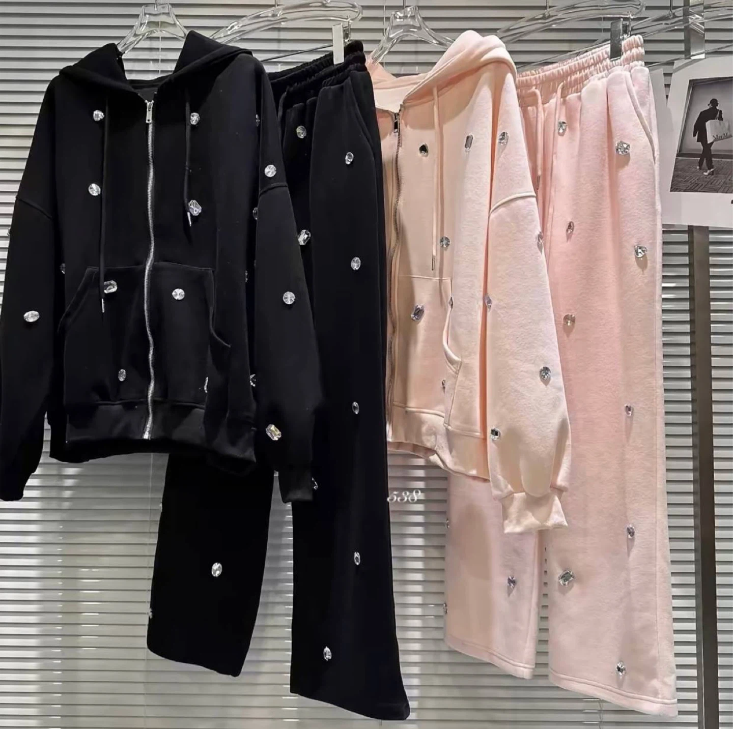Black & Pink Rhinestone Hoodie & Pants Set