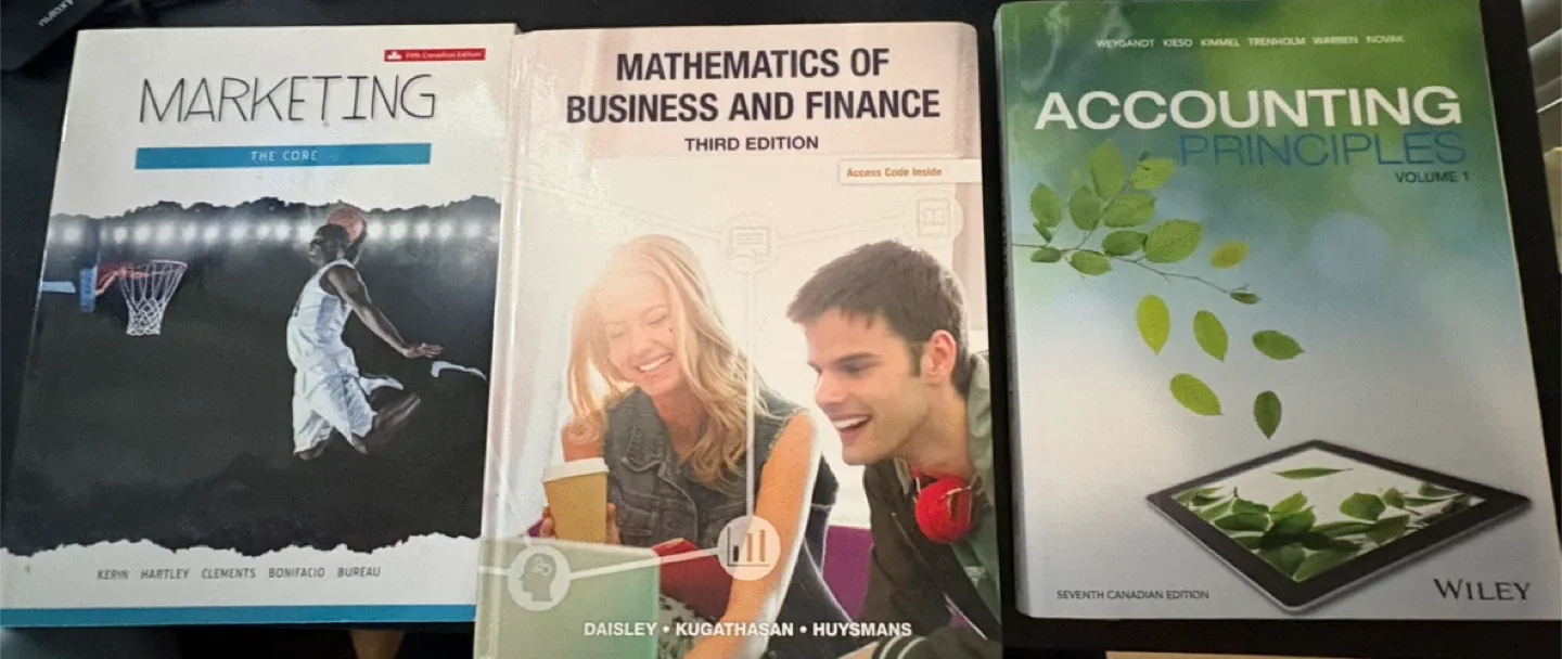 Textbooks: Marketing, Mathematics, Accounting Principles