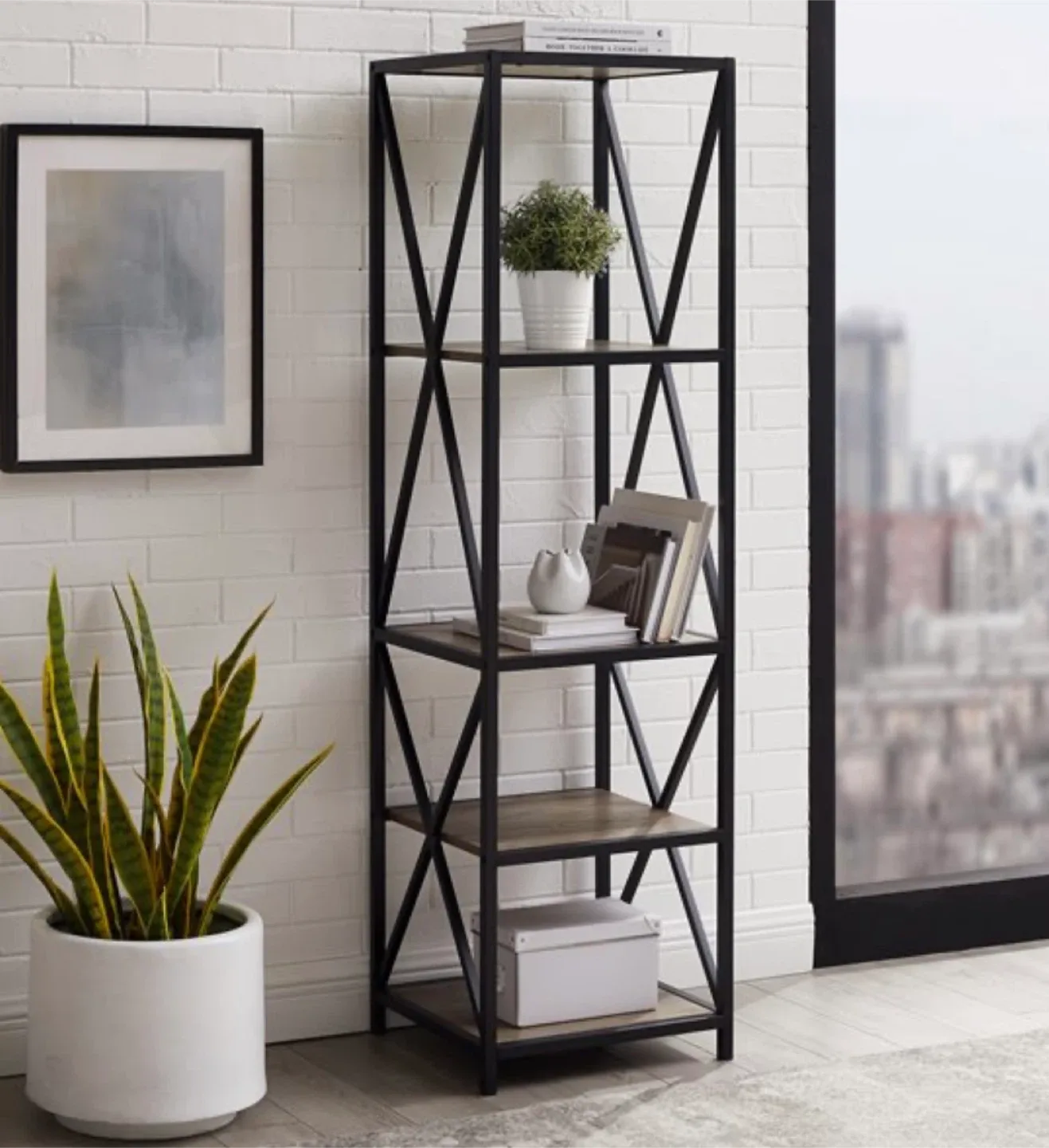 Metal X Tower w/ wood shelves, Grey Wash