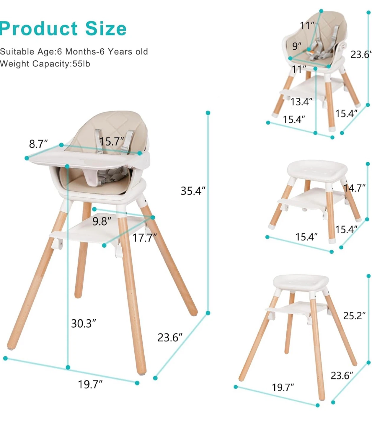 6in1 Wooden Convertible High Chair, Beige - photo 2