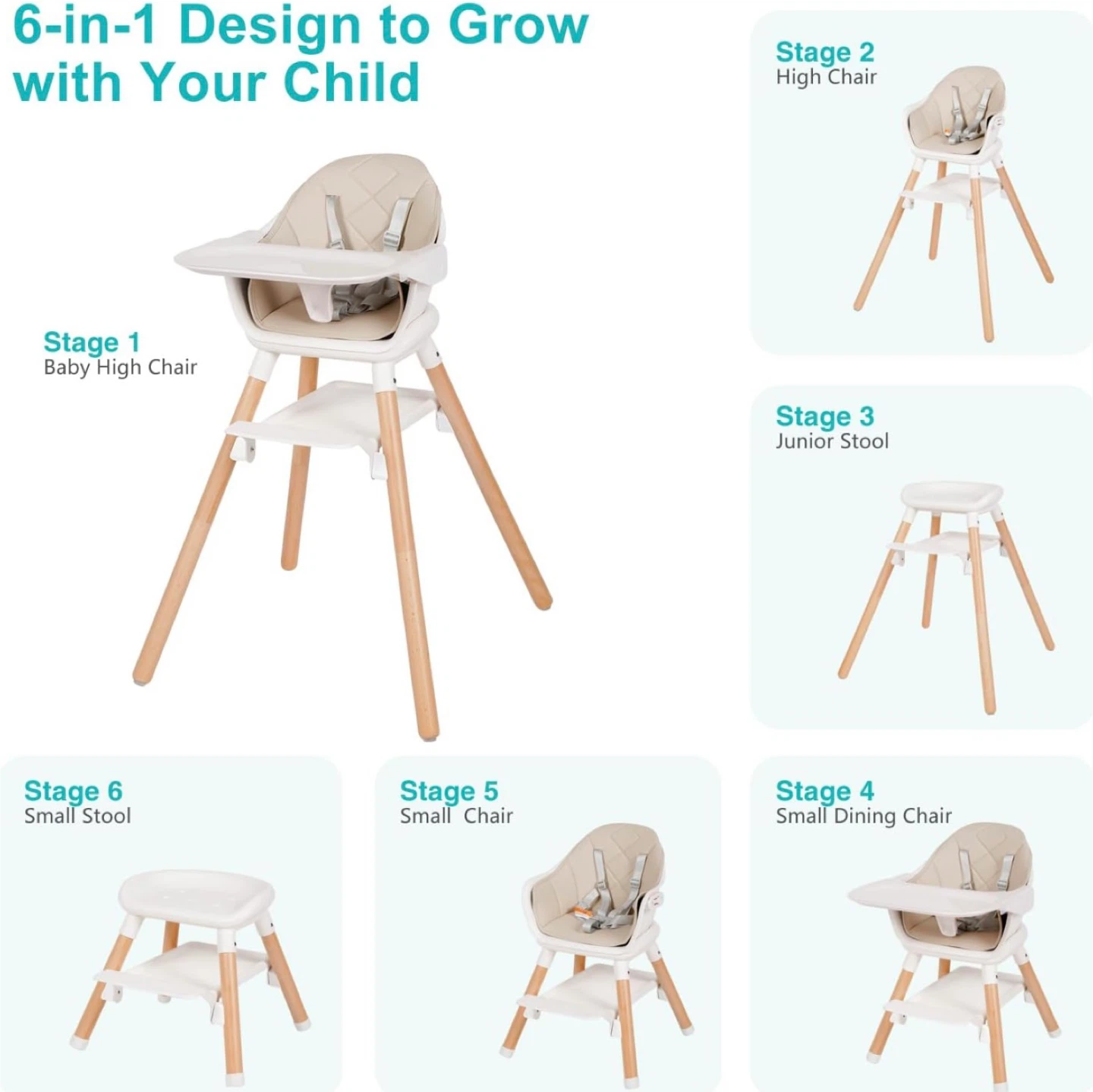 6in1 Wooden Convertible High Chair, Beige - photo 4