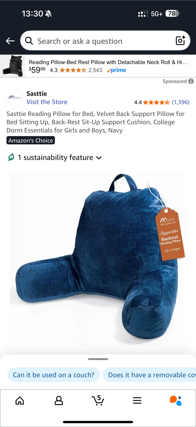 Sasttie Reading Pillow - Navy Standard Size