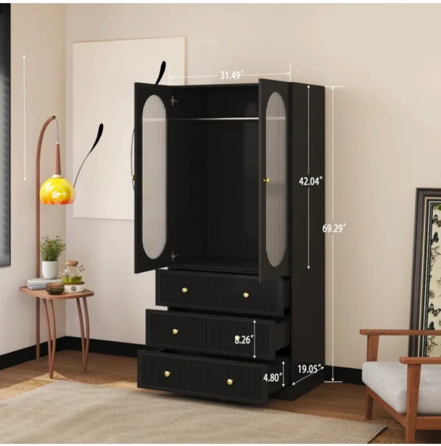Wayfair- Black Wardrobe with Glass Doors & Drawers image indicator(2)