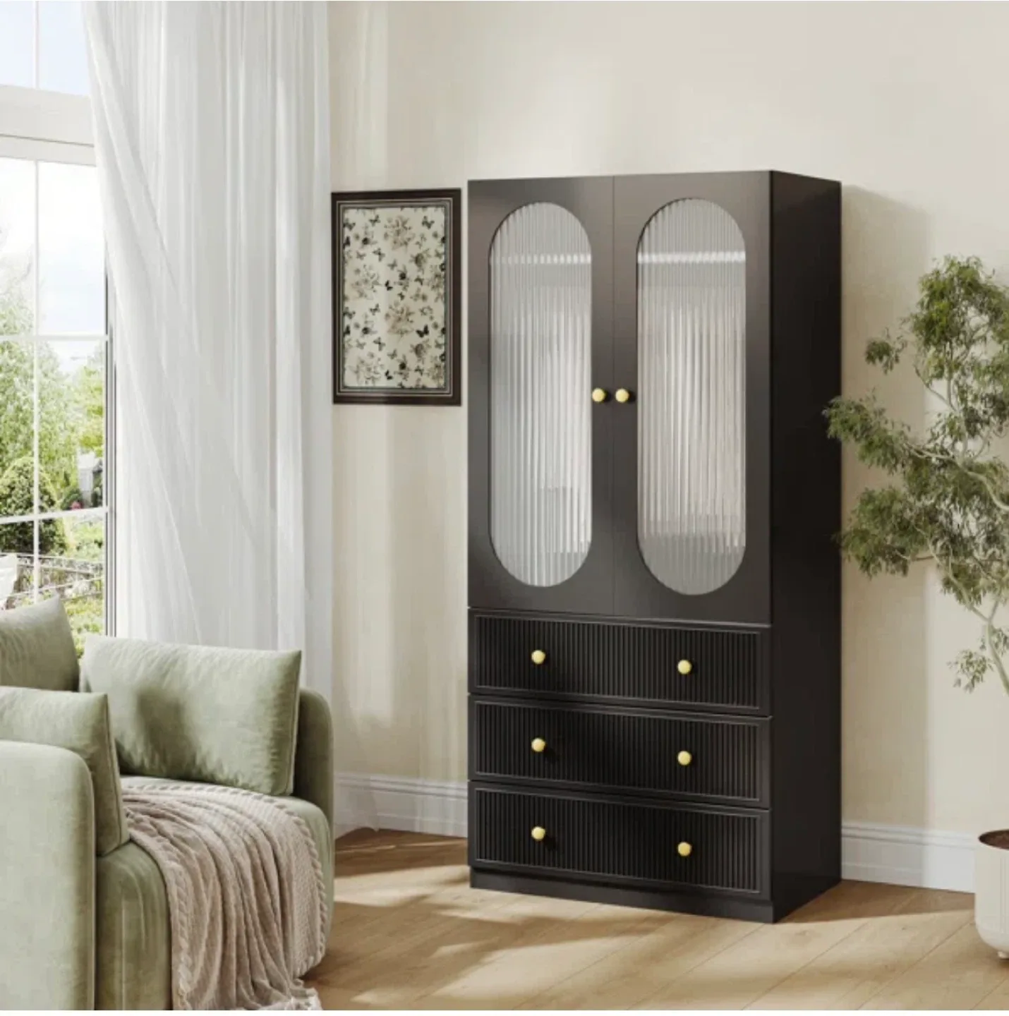 Wayfair- Black Wardrobe with Glass Doors & Drawers image indicator(3)