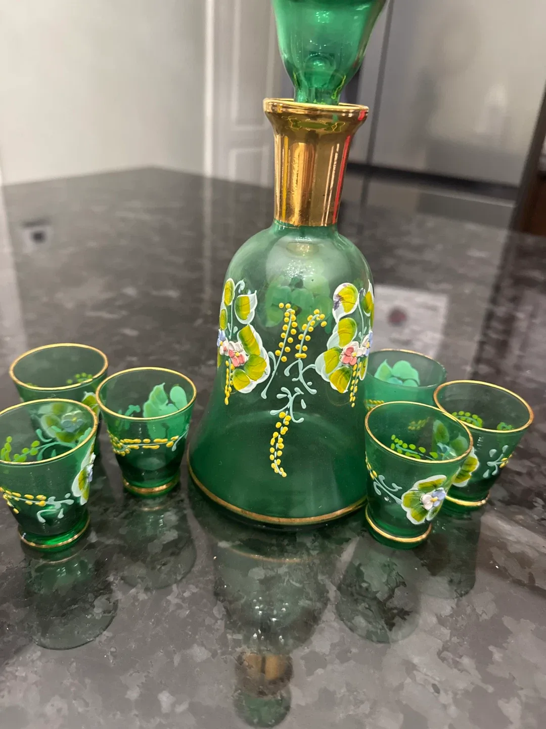 Green Glass Decanter Set with Floral Design