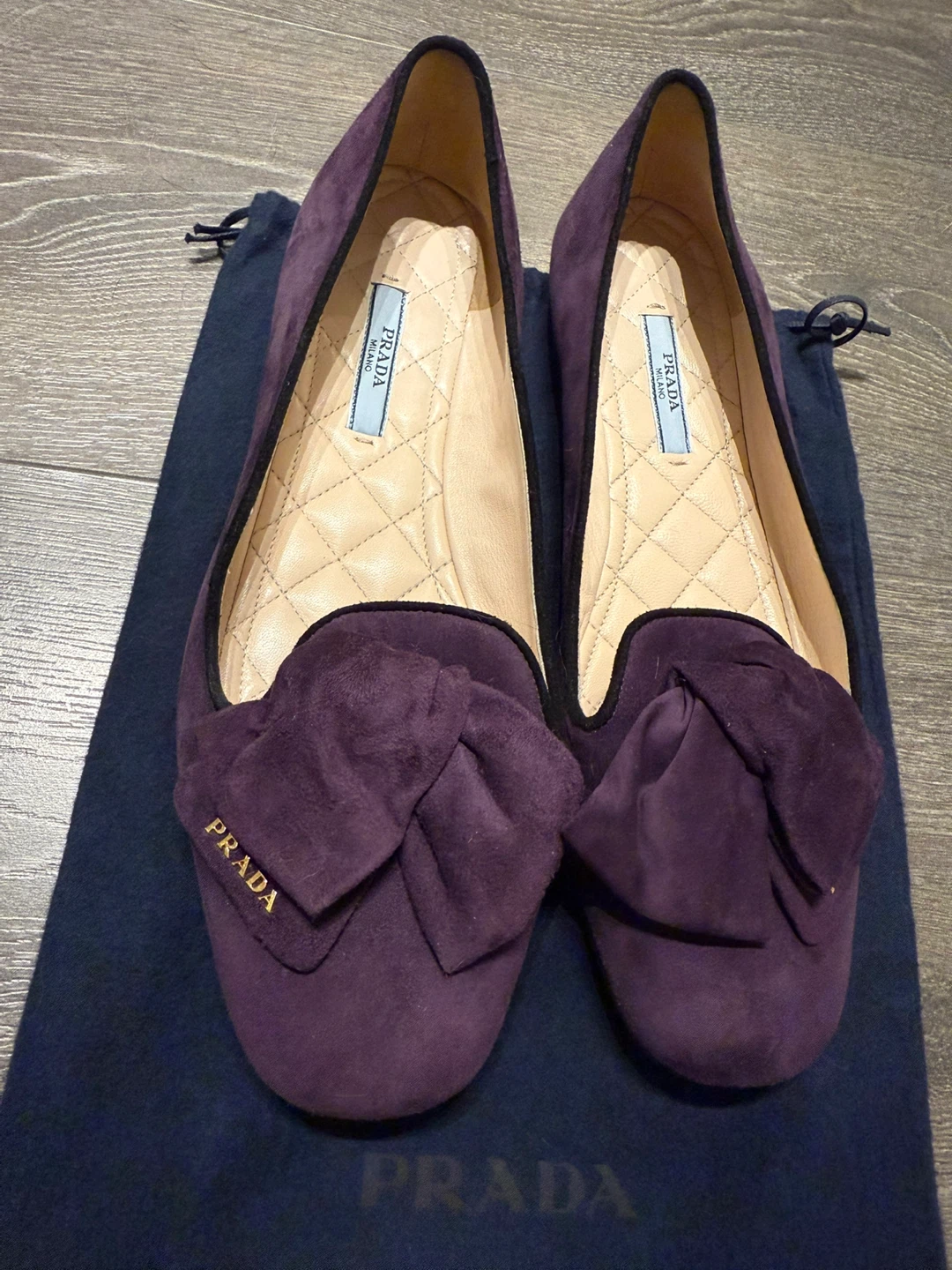 Prada Purple Suede Bow Flats 38.5 made in Italy