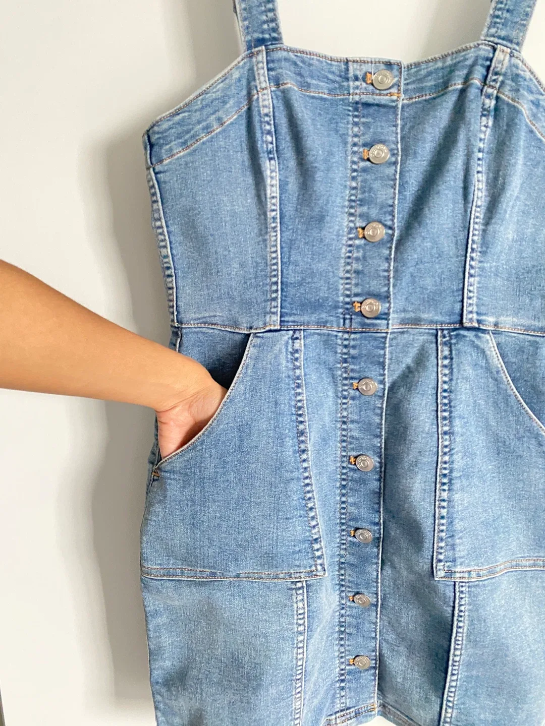 Denim Overall Dress With Deep Pockets image indicator(2)