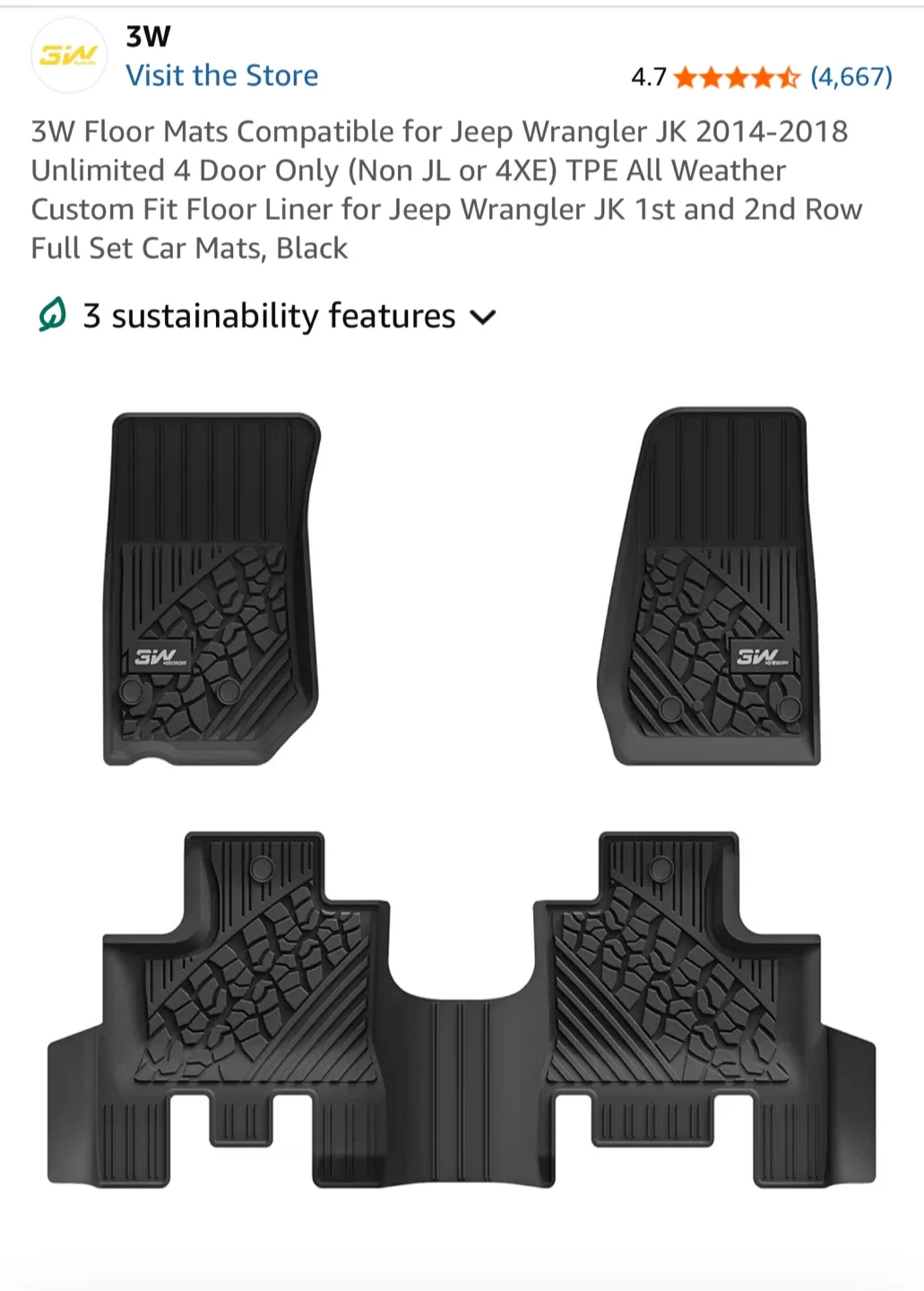 3W Floor Mats for Jeep Wrangler JK 2014-2018 image indicator(3)