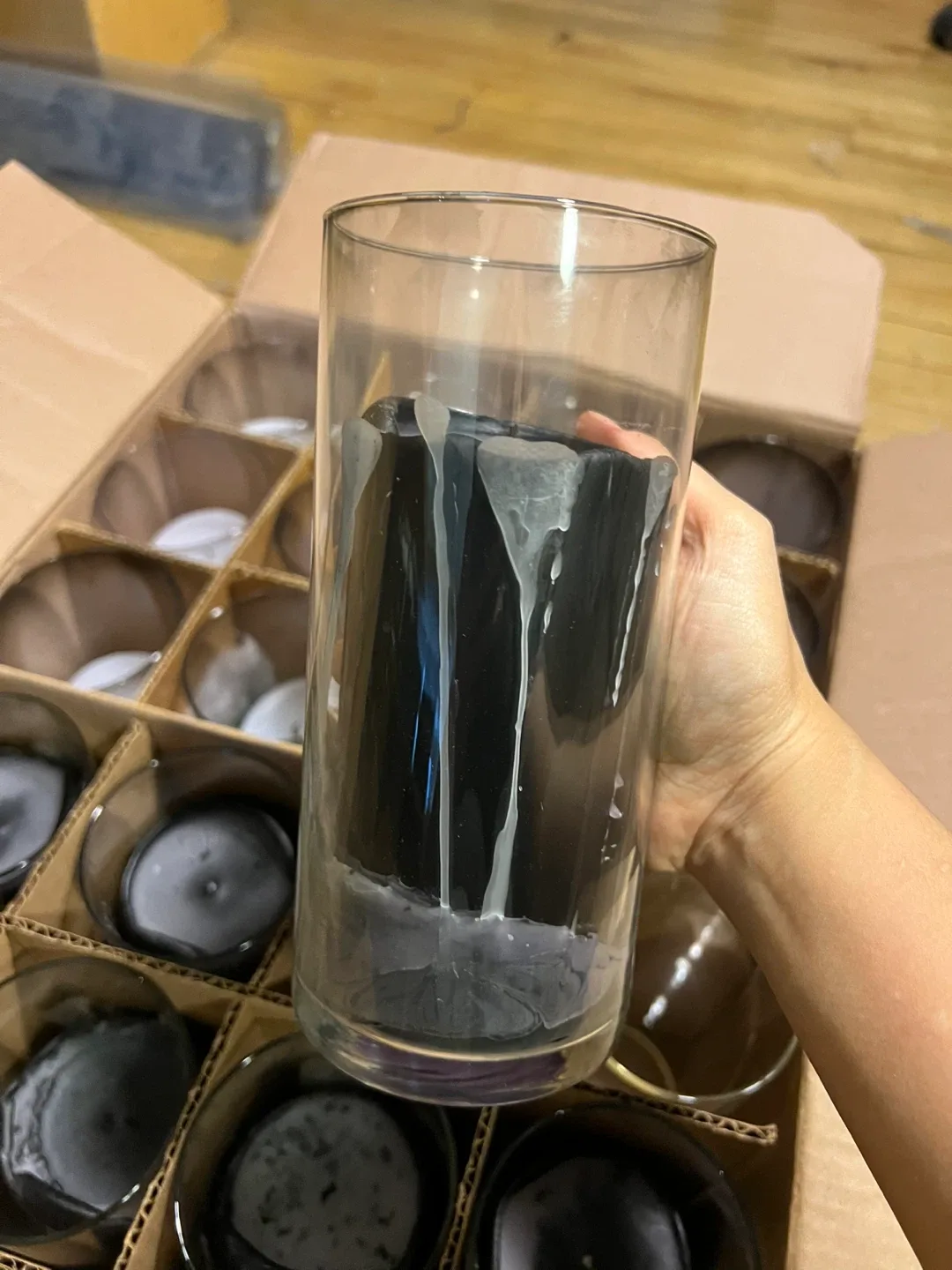 Used Black & White Pillar Candles in Glass Holders image indicator(3)