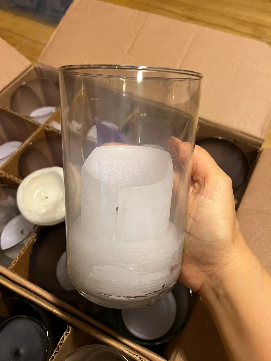 Used Black & White Pillar Candles in Glass Holders image indicator(7)