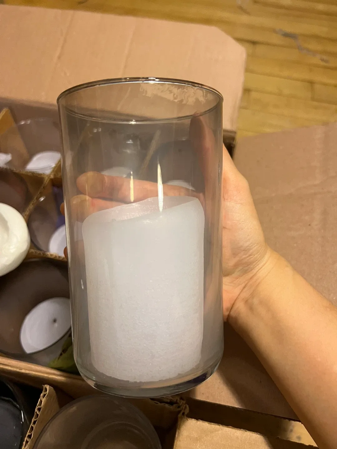 Used Black & White Pillar Candles in Glass Holders image indicator(6)