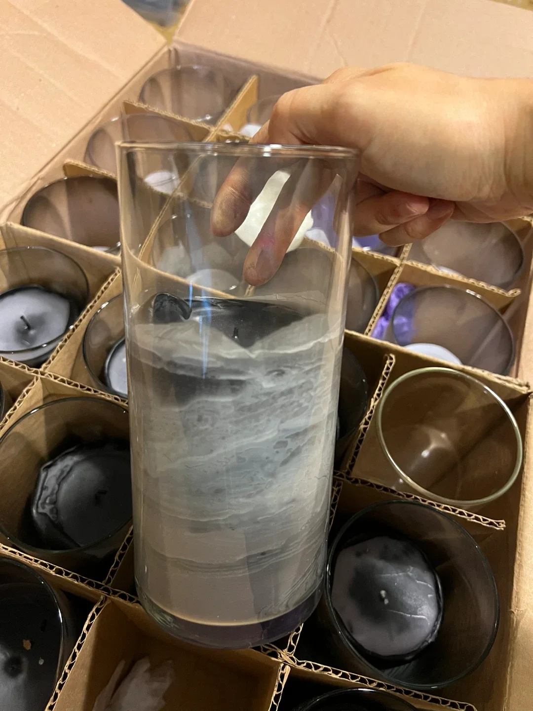 Used Black & White Pillar Candles in Glass Holders image indicator(4)