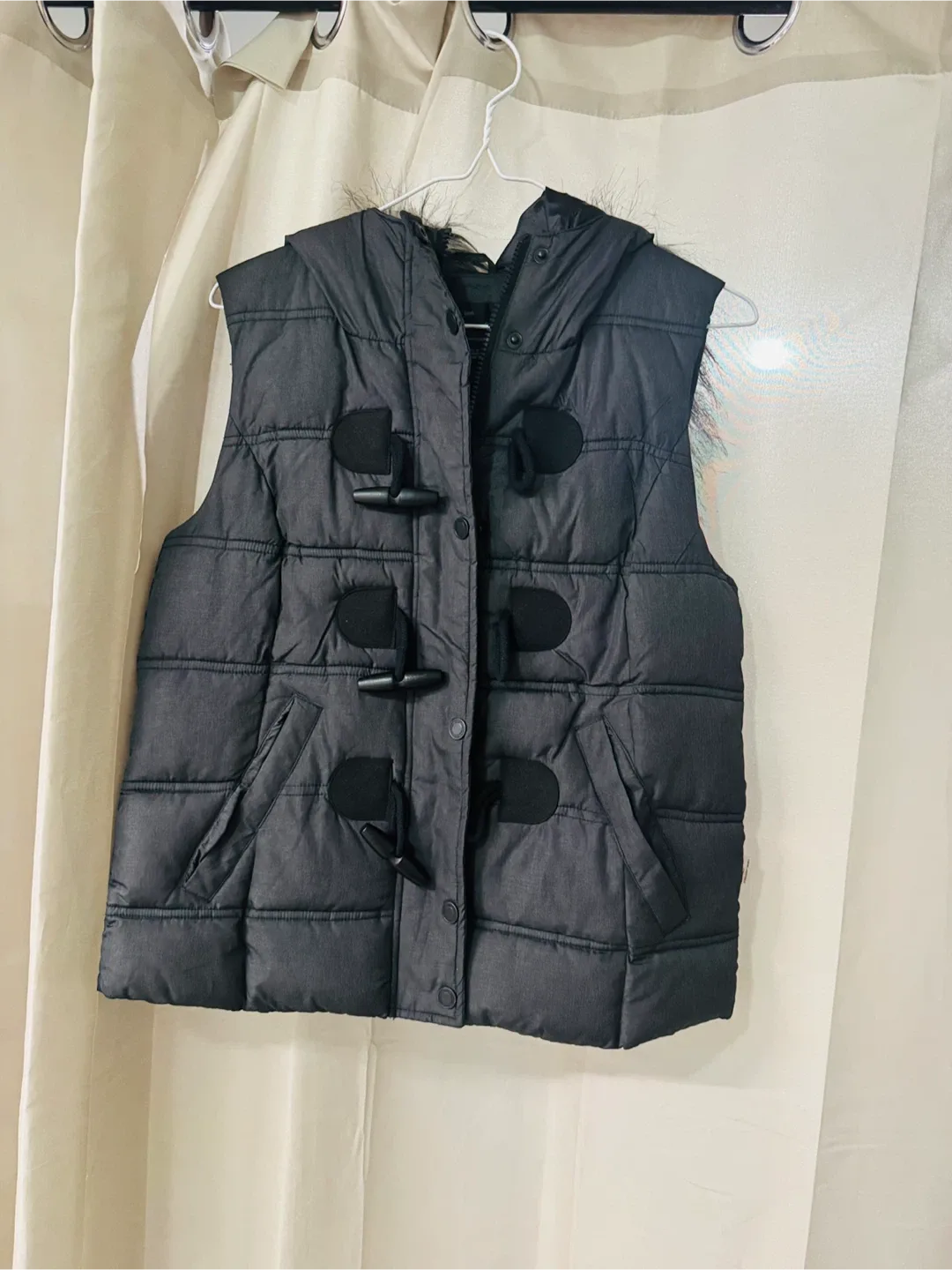 ONLY Black Padded Vest with Faux Fur Hood - Size S