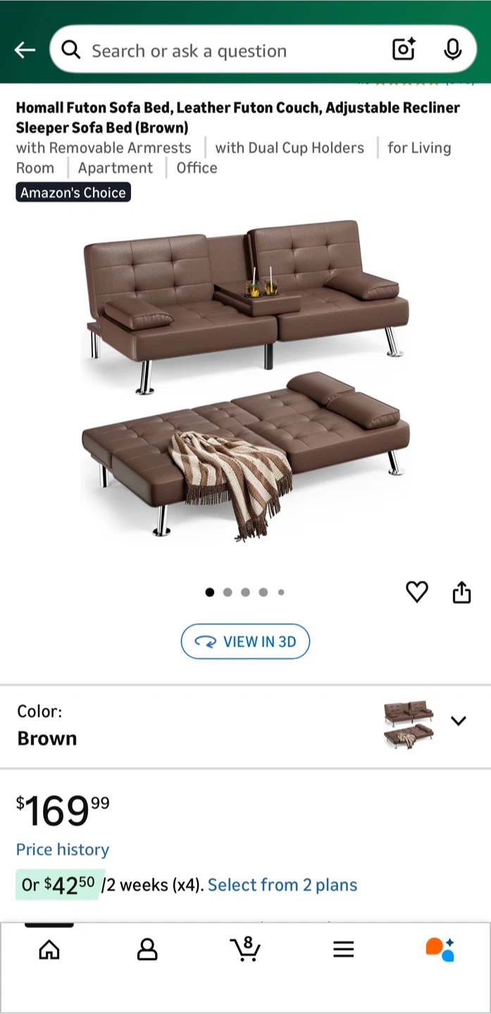 Futon Sofa Bed, Leather Futon Couch (Brown)