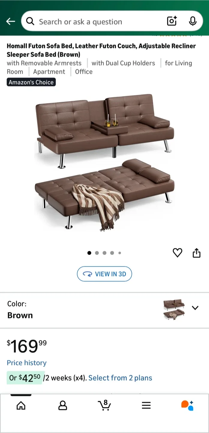 Futon Sofa Bed, Leather Futon Couch (Brown)