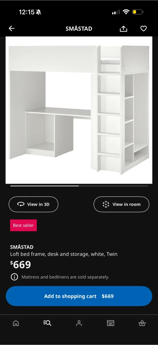 IKEA SMÅSTAD Loft Bed Frame, Desk & Storage - White