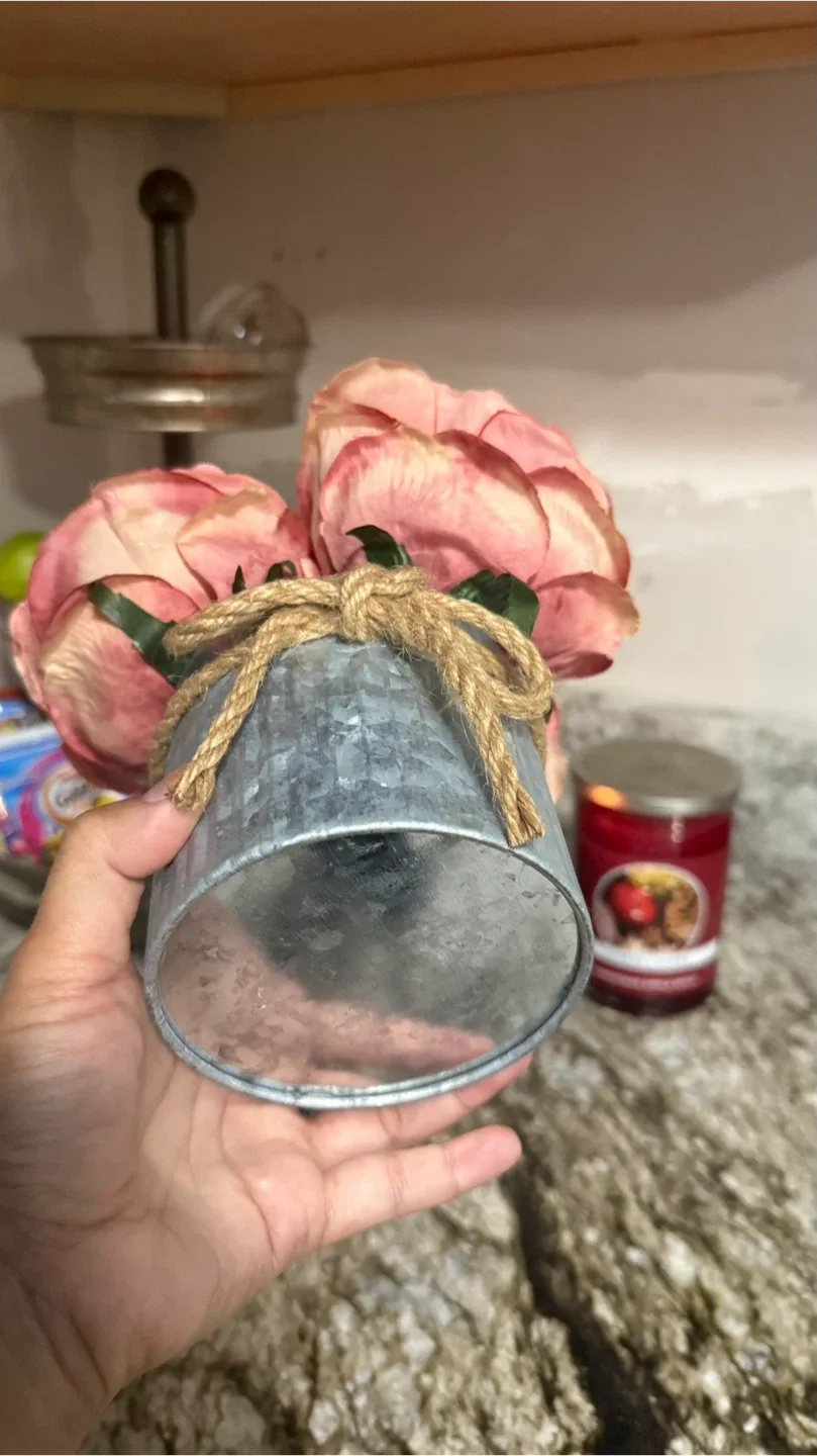 Artificial Pink Roses in Metal Pot check more pictures image indicator(3)