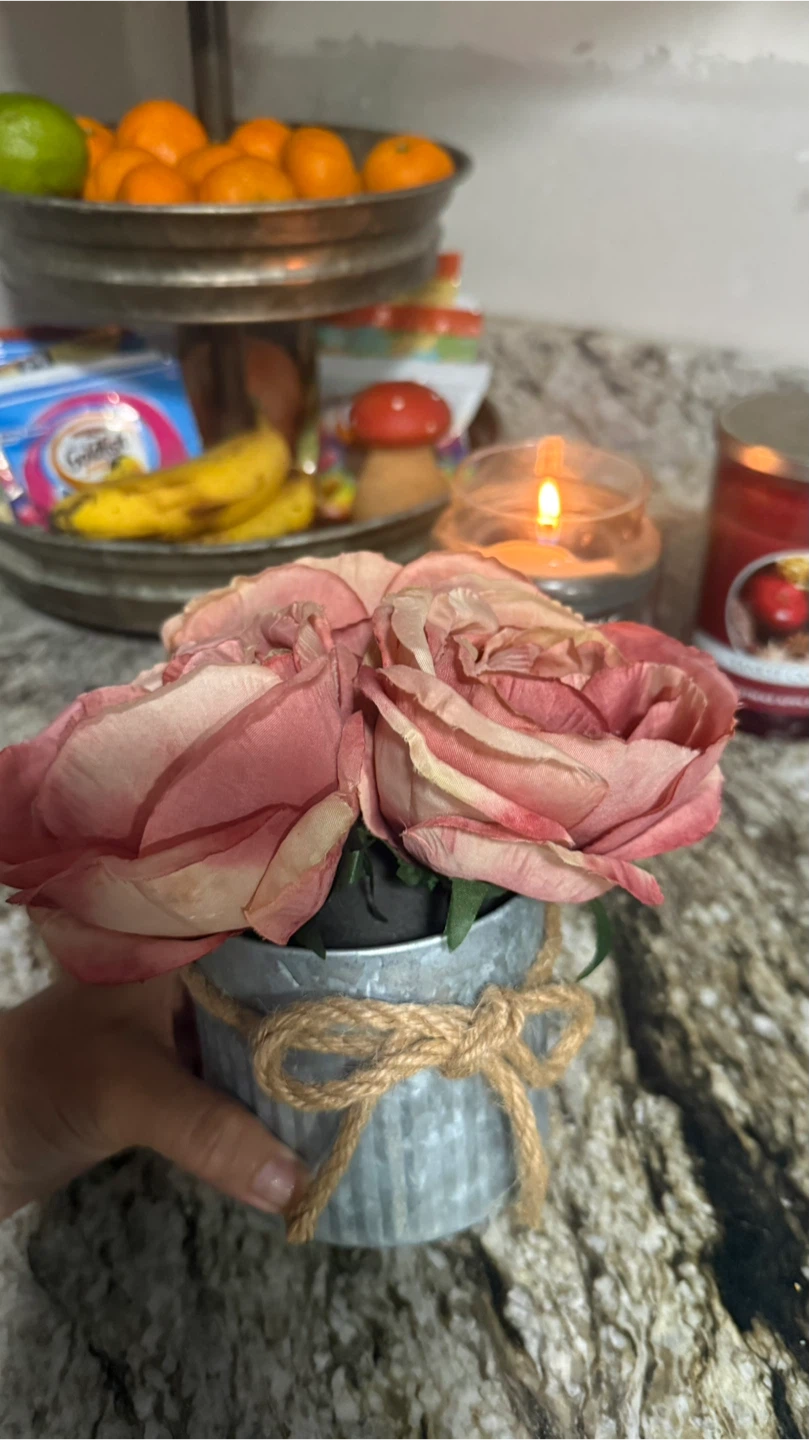 Artificial Pink Roses in Metal Pot check more pictures - photo 5