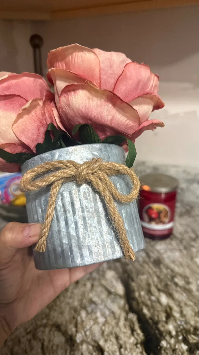 Artificial Pink Roses in Metal Pot check more pictures image indicator(6)