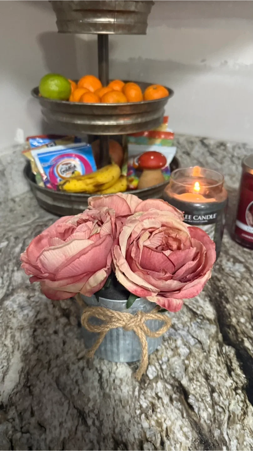 Artificial Pink Roses in Metal Pot check more pictures