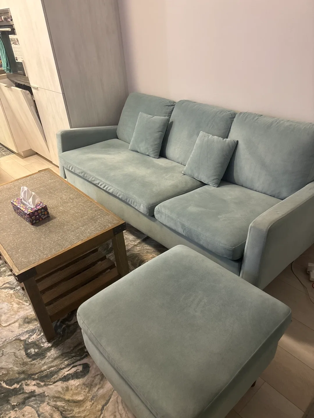 Light Blue Green Sectional Sofa with Ottoman