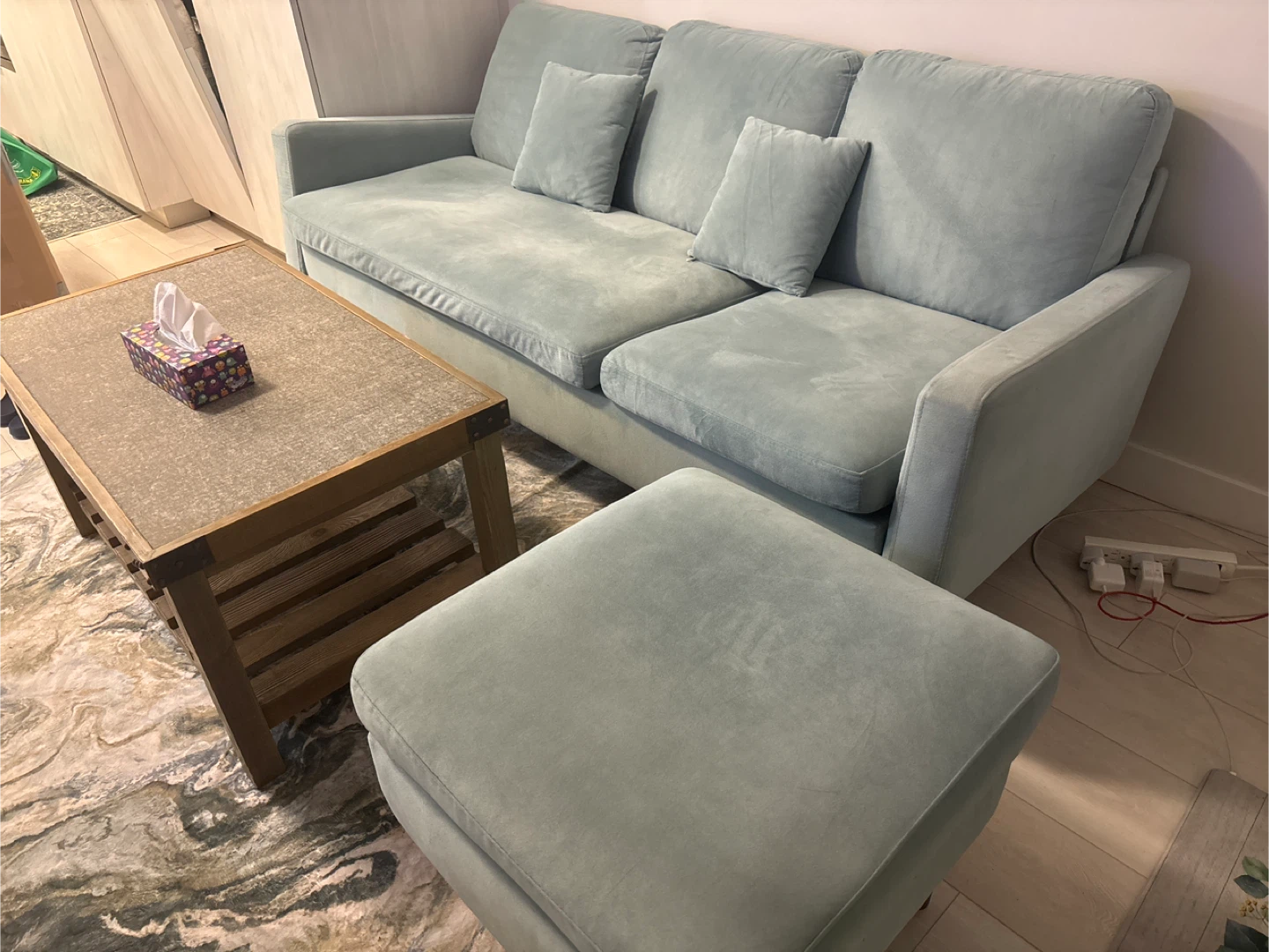 Light Blue Green Sectional Sofa with Ottoman - photo 2