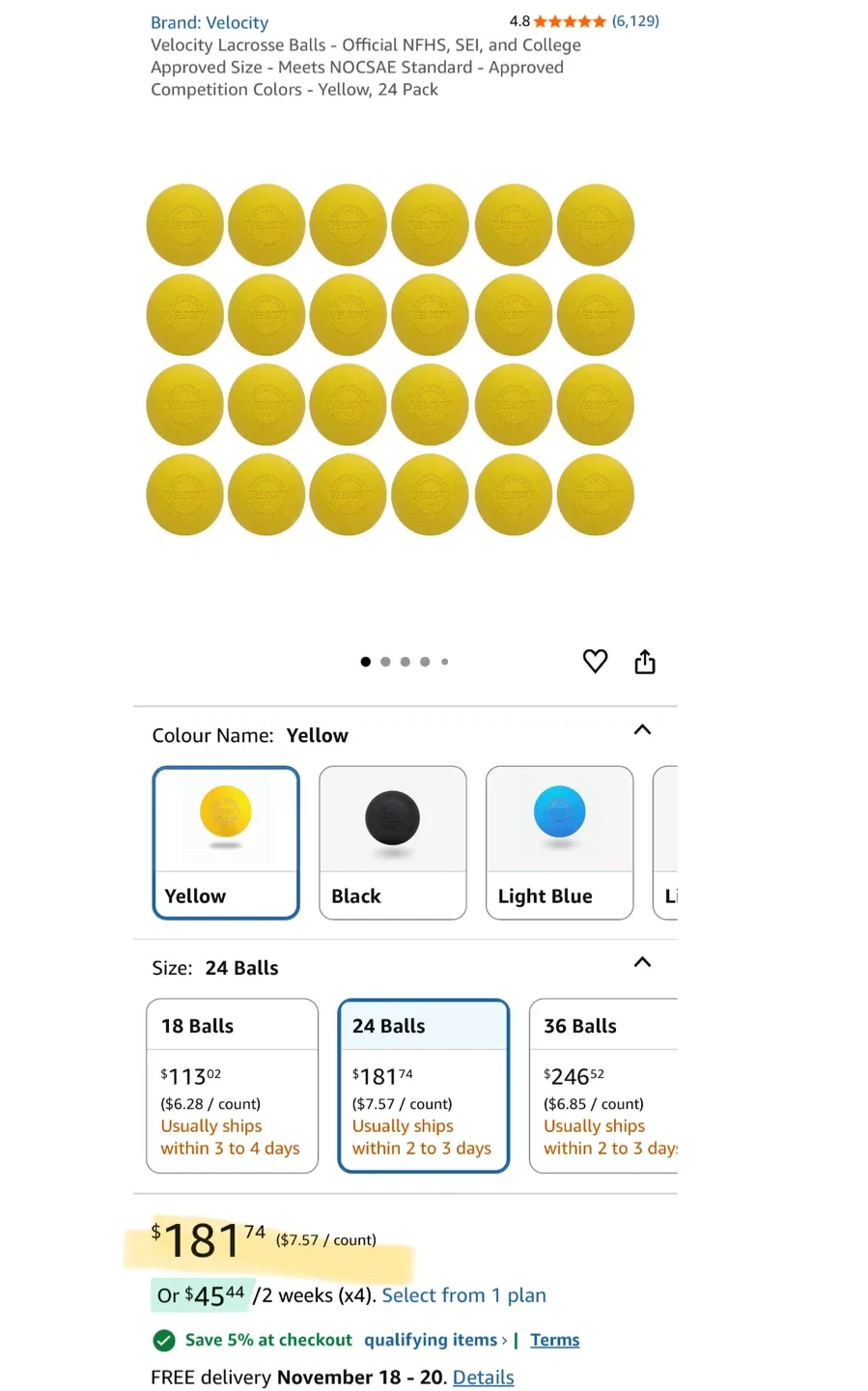 Velocity Lacrosse Balls - Yellow, 24 Pack image indicator(2)