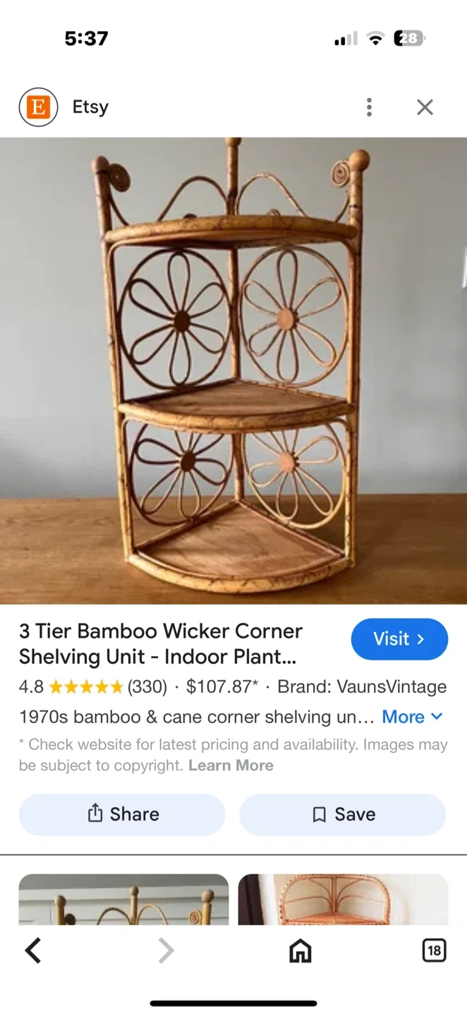 🥕70’s Vintage Bamboo Wicker Corner Shelving Unit image indicator(2)