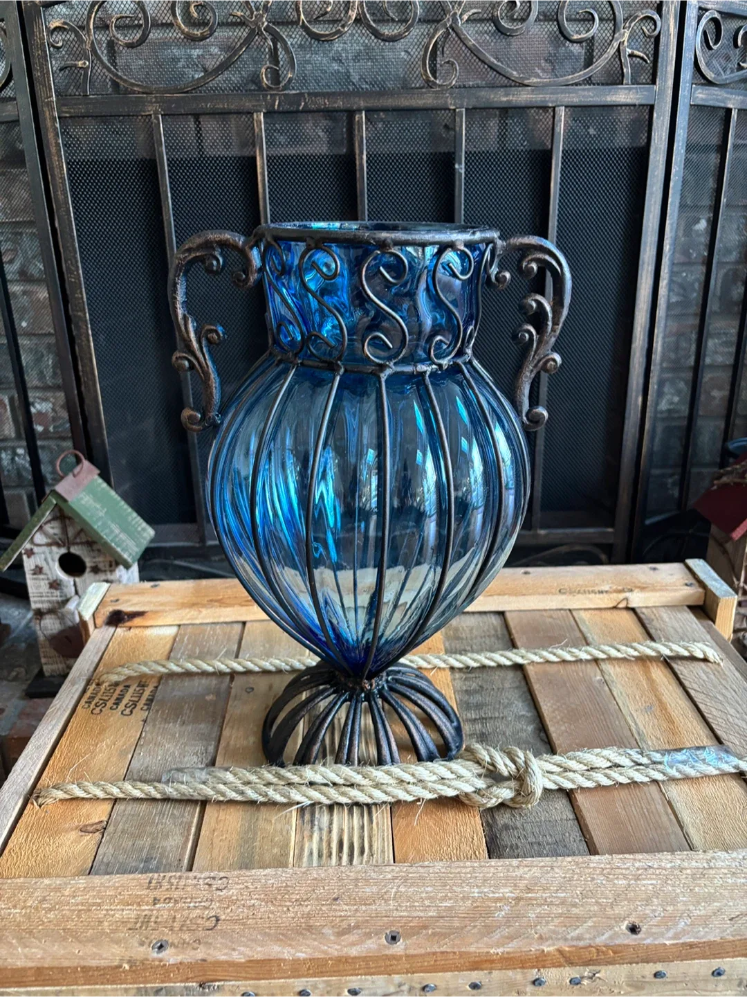🌿 Vintage Ornamental Iron & Blue Glass Vase 🌿