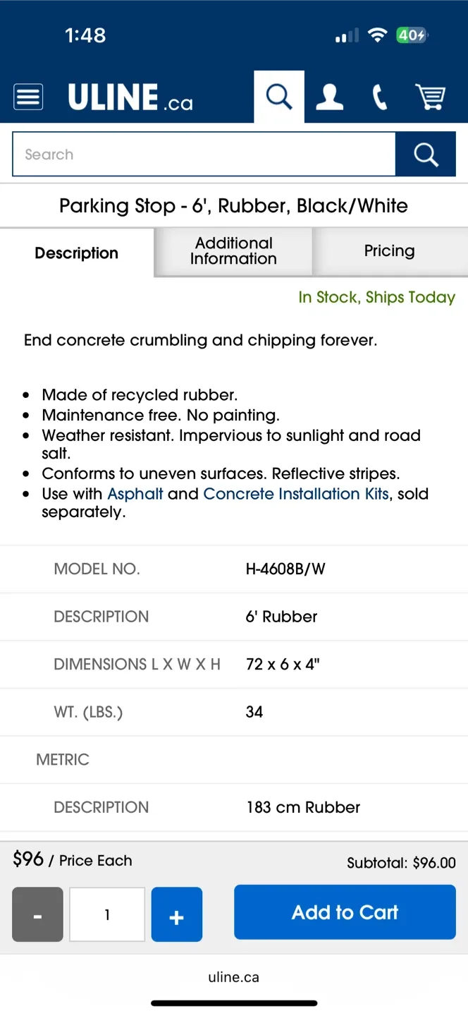 Uline Parking Stop - 6', Rubber, Black/White image indicator(2)